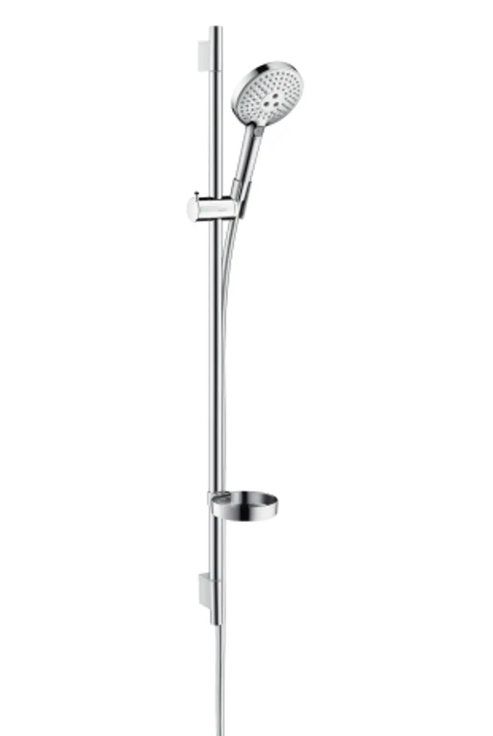 Hansgrohe Duschsystem mit Handbrause, verstellbarer Halterung, Chromoberfläche und integrierter Seifenschale, montiert an einer vertikalen Stange.